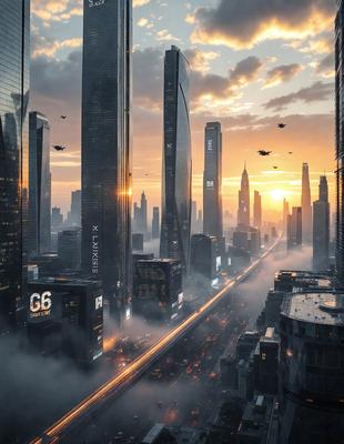 The primary subject of the image is a futuristic cityscape with tall buildings and a highway. The setting is a city with a skyline, and the visual style is a digital art or illustration. The colors and mood of the image are predominantly dark, with a hint of orange, creating a moody and futuristic atmosphere.